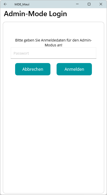 Admin-Login-Bildschirm mit Passwort-Eingabefeld für Zugang zum Admin-Modus