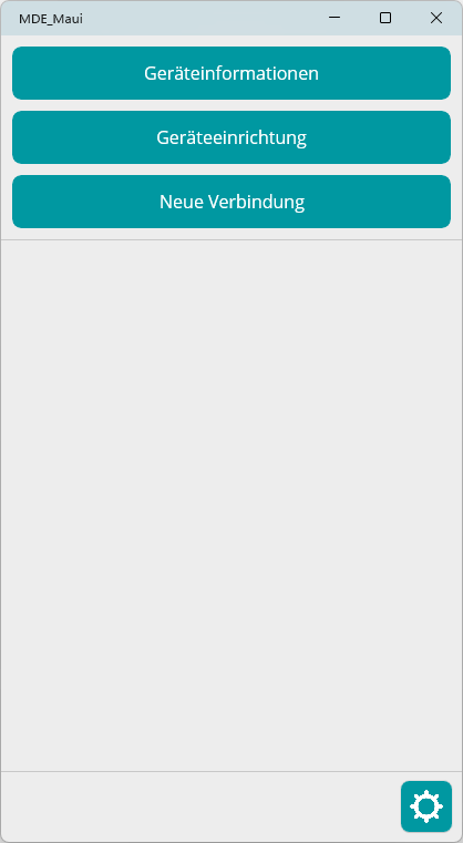 Admin-Homescreen mit drei Buttons für Verbindung, Geräteeinrichtung und Geräteinformationen