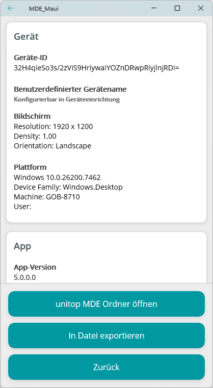 Geräteinformationen-Bildschirm mit App-Version, Betriebssystem, Geräte-ID und Export-Funktion