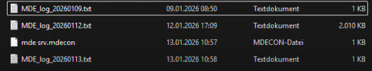 Windows Explorer zeigt Arbeitsverzeichnis mit Verbindungsdateien (.mdecon) und Log-Dateien