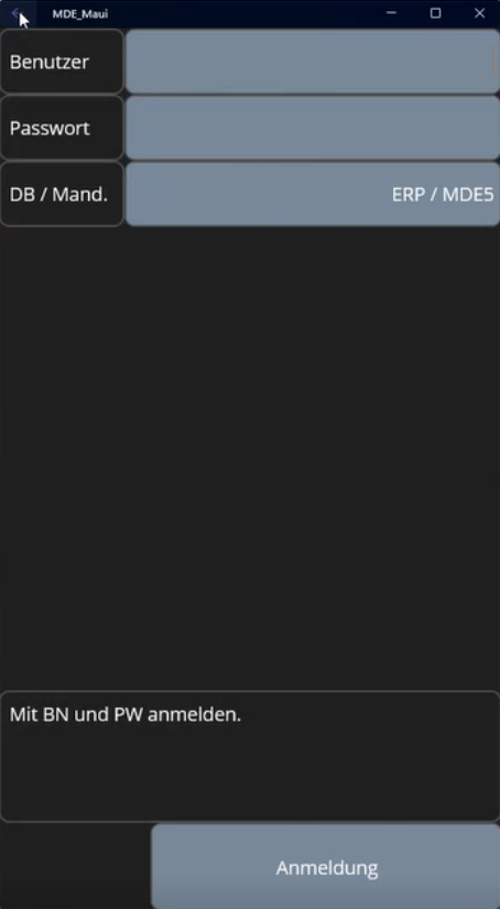 Anmeldebildschirm unter MDE 5.0 (MAUI), zeigt Benutzer, Passwort, etc. als Eingabemaske