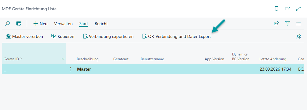Aktion 'QR-Verbindung und Datei-Export' in der MDE Geräteübersicht