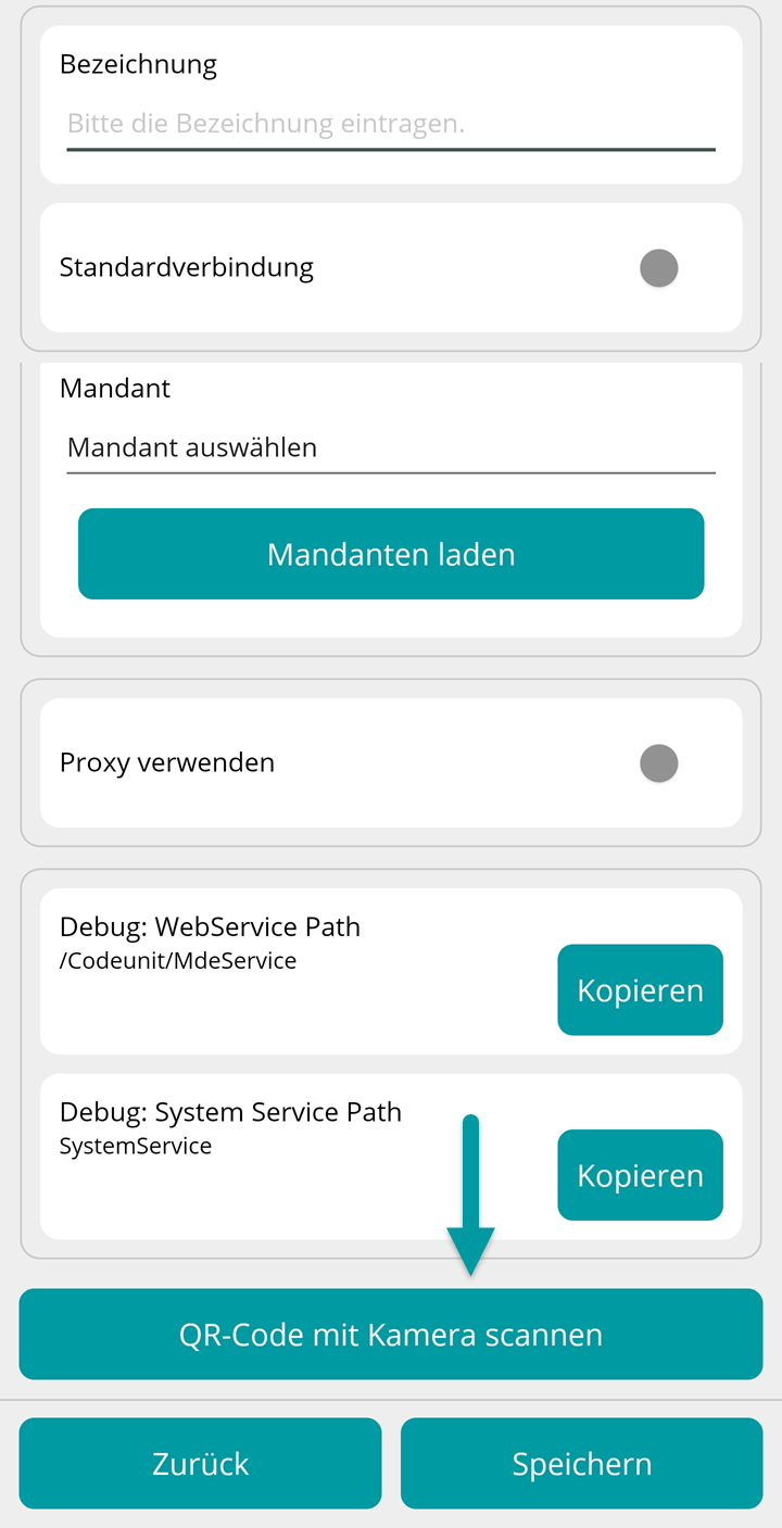 Dialog 'Neue Verbindung' mit Button 'QR-Code mit Kamera scannen'