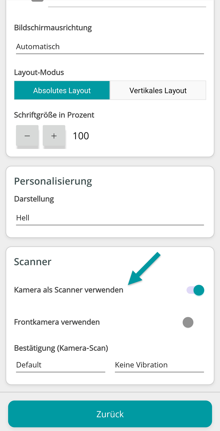 Bereich 'Scanner' in der Geräteeinrichtung mit aktivierter Option 'Kamera als Scanner verwenden'