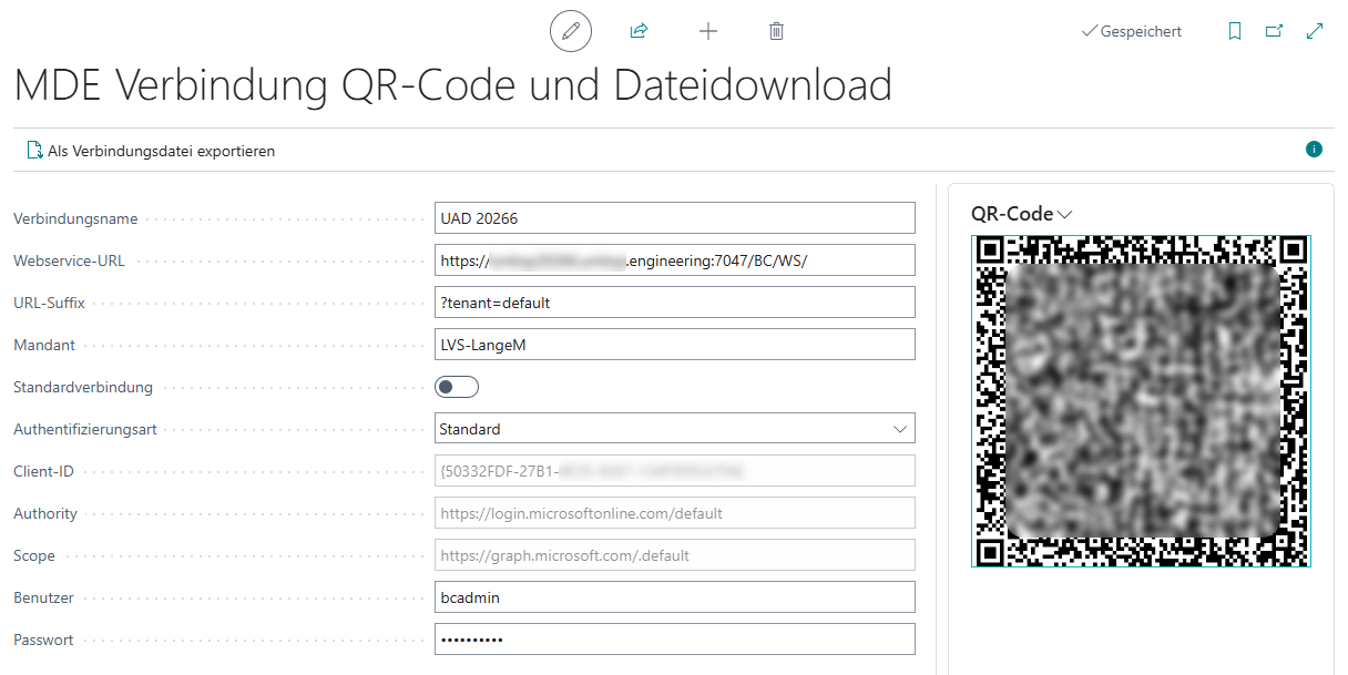 Ausgefüllte Verbindungsparameter mit aktualisiertem QR-Code