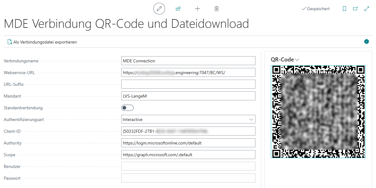 Page 'MDE Verbindung QR-Code und Dateidownload' mit vorbelegten Verbindungsparametern und QR-Code