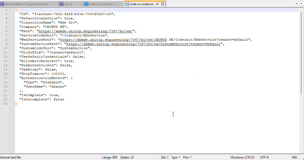 Geöffnete Verbindungsdatei im JSON-Format mit allen Konfigurationsparametern wie WebserviceUrl, Tenant und AuthMethod