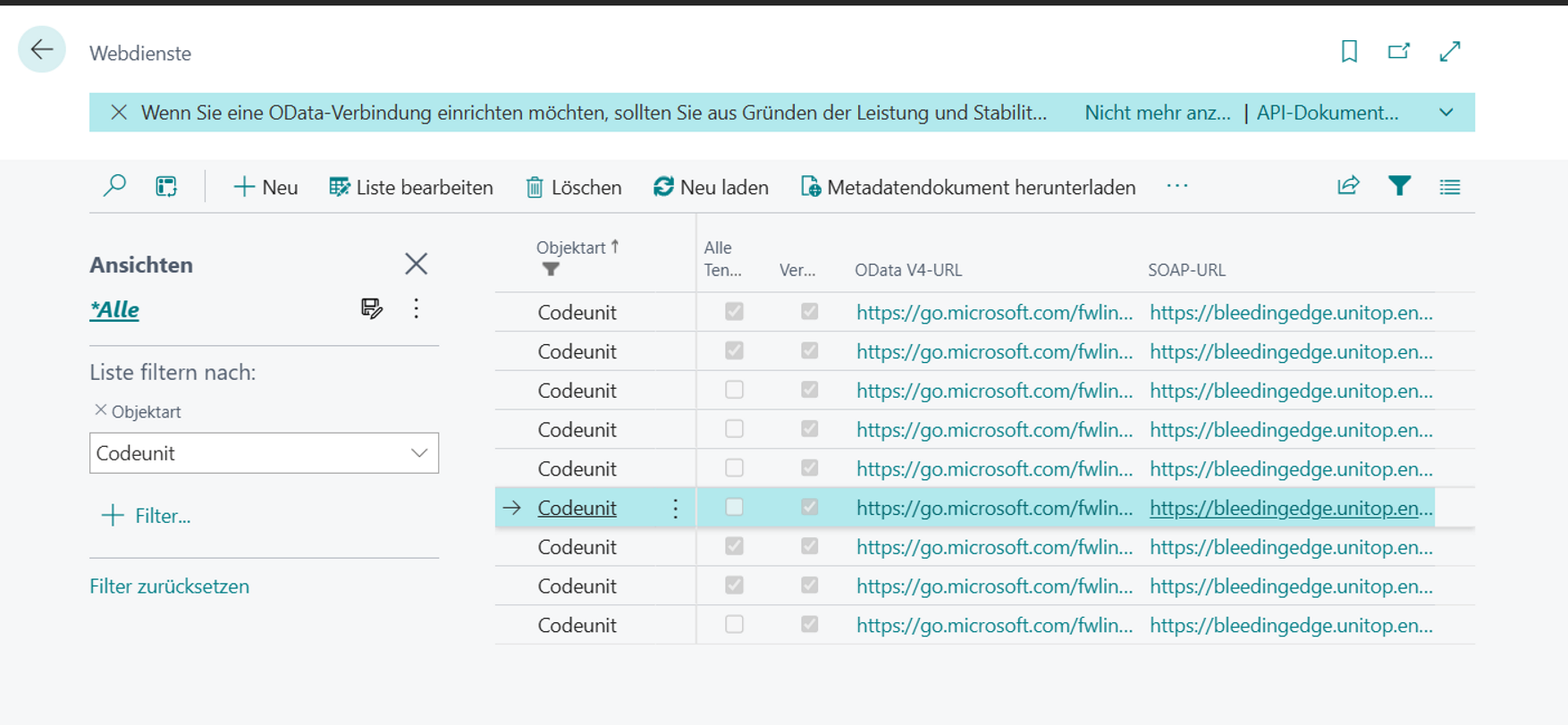 Zeigt die Webdienst-Liste und die entsprechende SOAP-URL