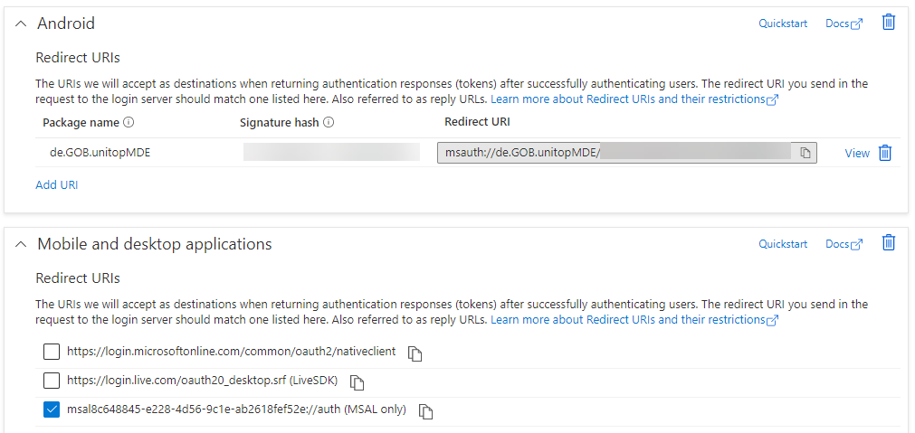 Android App-Registrierung Einstellungen