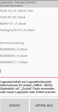 Artikelinformationen am MDE GErät
