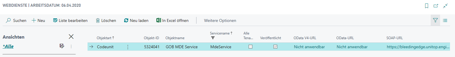 Ausschnitt der Liste in BC: Webdienste für eine bestimmte Codeunit