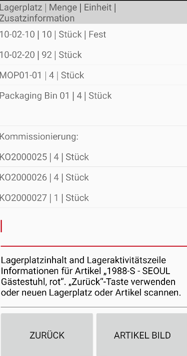 Übersicht in MDE zu dem gescannten Artikel: Lagerplatz, Menge, Einheit, Zusatzinformationen