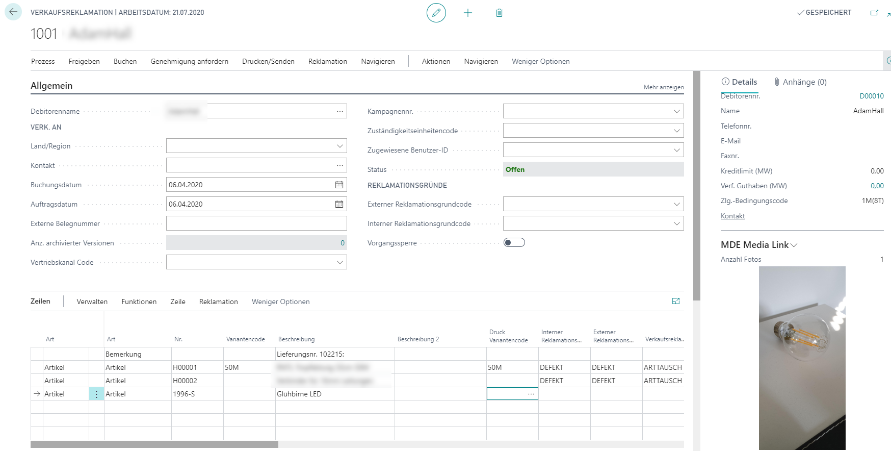Aufgenommenes Foto in der BC-Ansicht unter "MDE-Media Link verfügbar" (in der Verkaufsreklamationskarte)