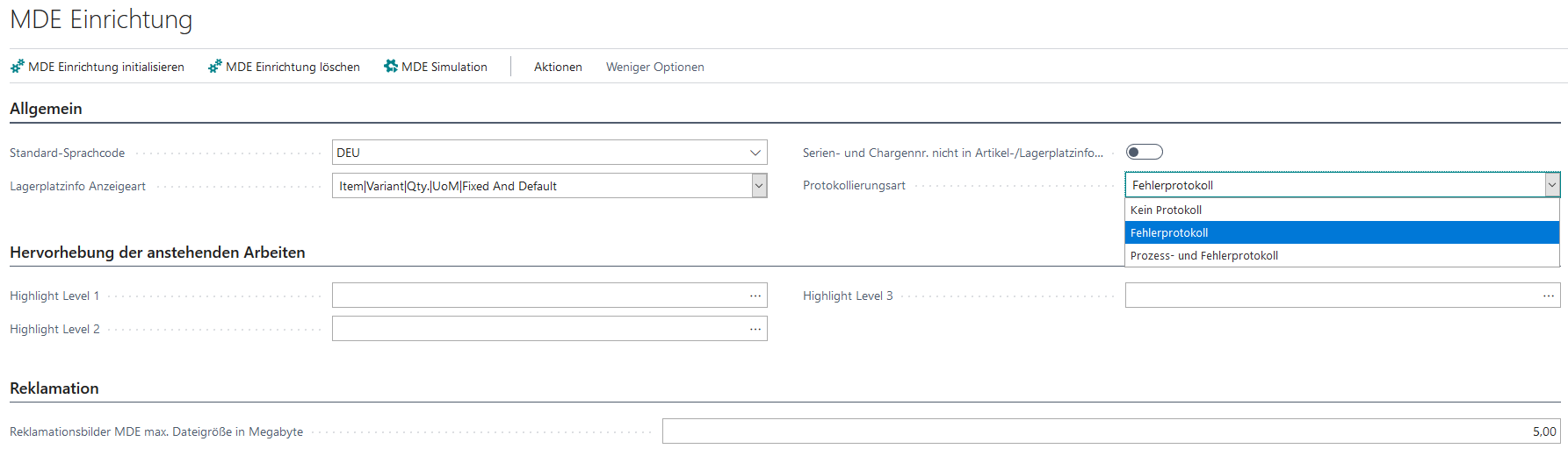 MDE globale Einrichtung in BC: Protokollauswahl im Register "Allgemein"