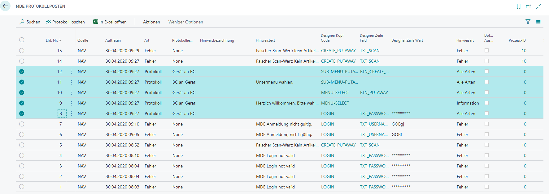 MDE Protokollierungsposten ausgewähl