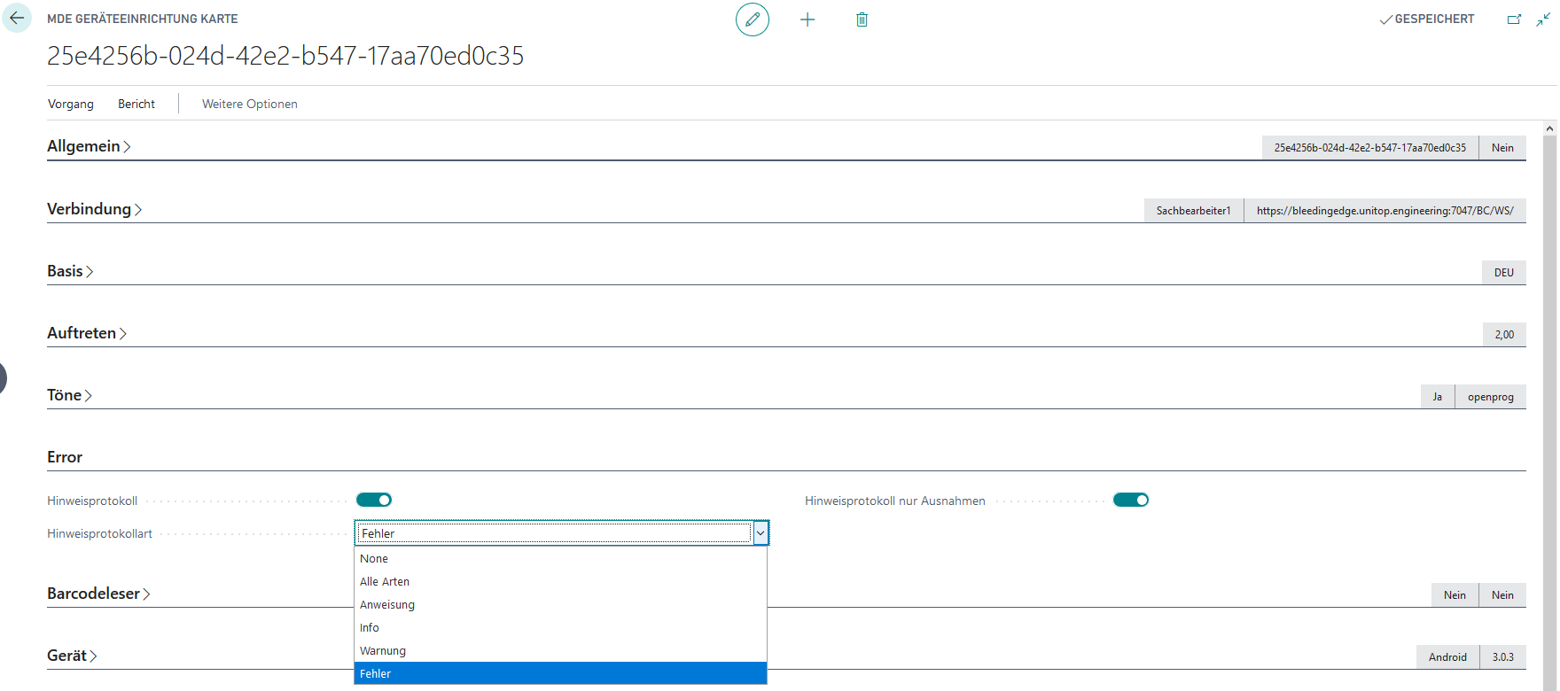 MDE Geräteeinrichtung Karte: Register Error: Einstellungsmöglichkeiten