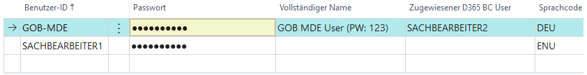 MDE Benutzer Datensatz in BC: Benutzer-ID, Passwort, Vollständiger Name, Zugeweisener BC User, Sprachcode