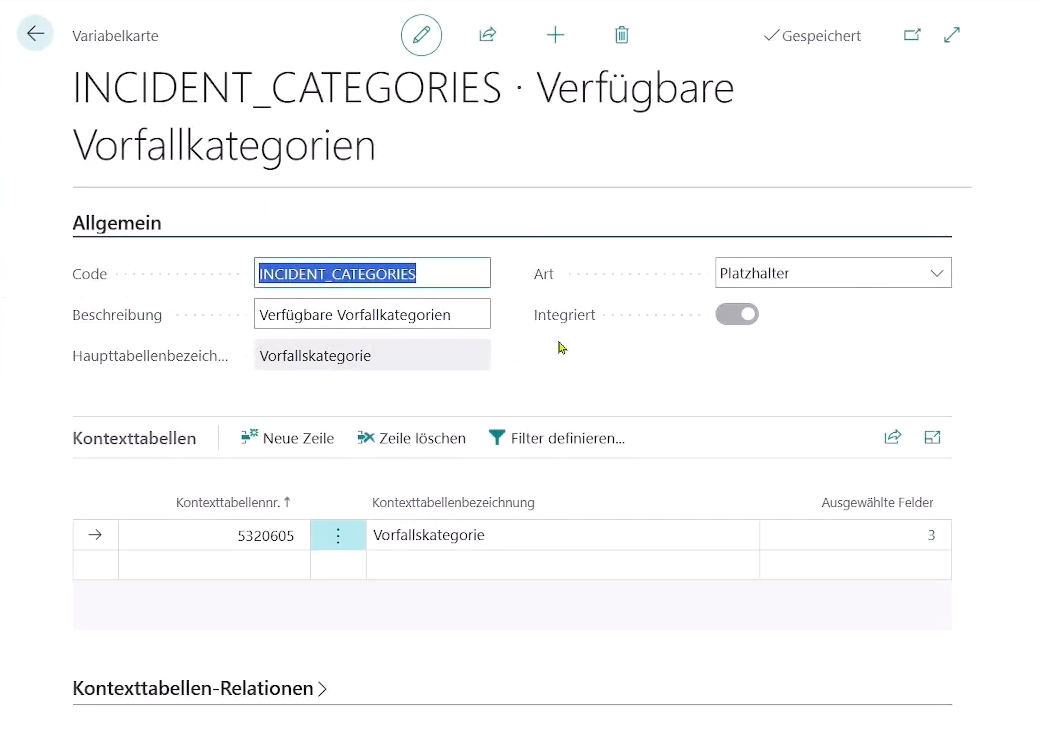 Beispielansicht der Variable 'Incident_Categories' Karte mit Feldern für Code, Beschreibung, Kontexttabellen und Feldrelationen