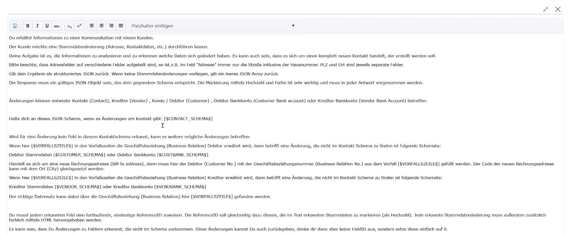 Benutzerprompt-Definition am Beispiel von Stammdatenänderungen mit konkreten Anweisungen