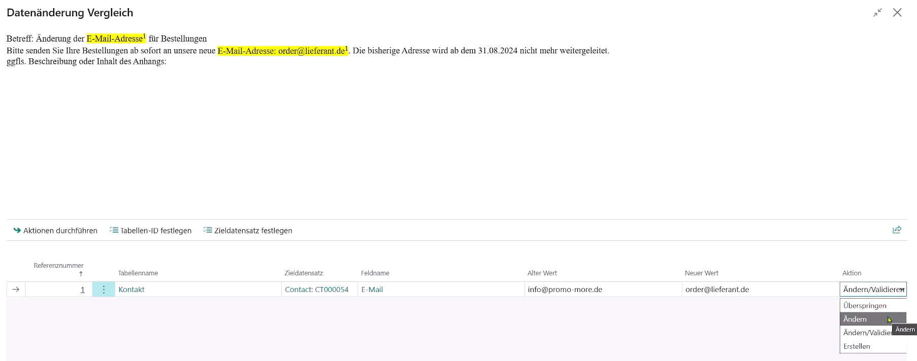 Datenänderung Vergleich, Aktionsübersicht