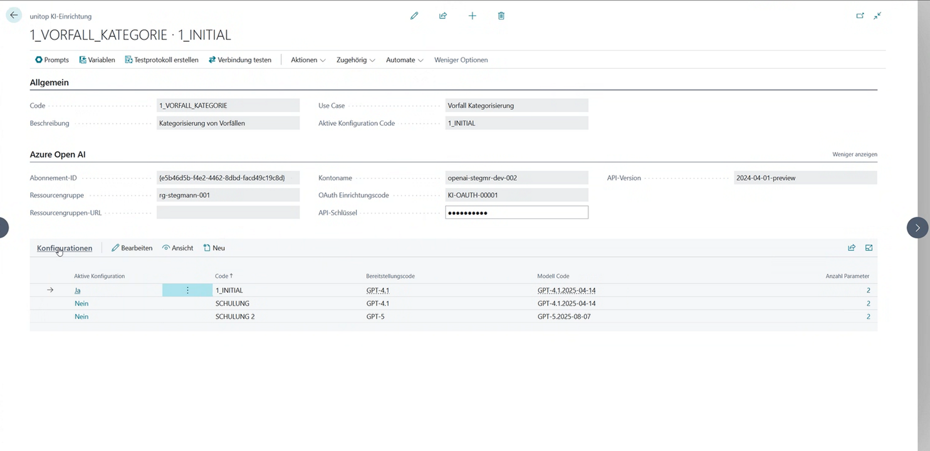 Beispiel einer ausgefüllten KI-Einrichtung für die Vorfall-Kategorie