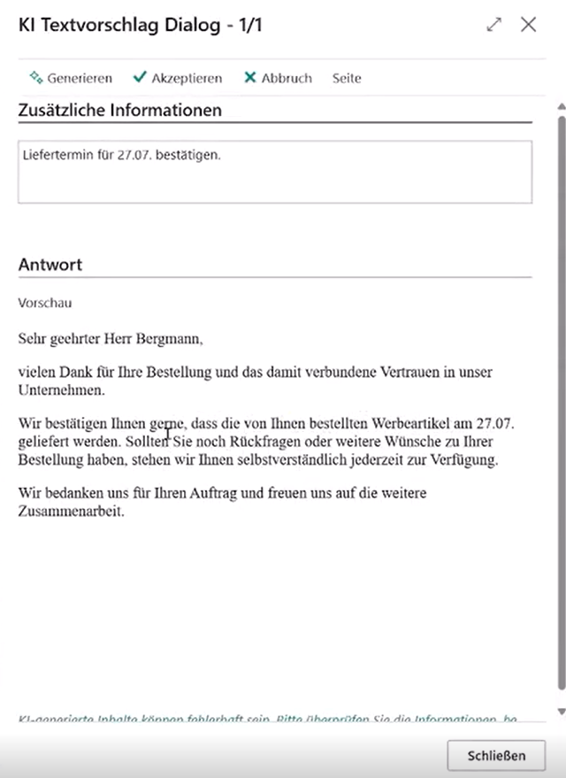 Zeigt den KI-Textvorschlag Dialog und seine generierte Vorschau