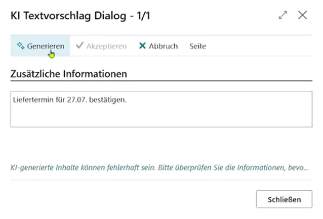Zeigt den KI-Textvorschlag Dialog, in dem im ersten Schritt Zusätzliche Informationen angegeben werden.