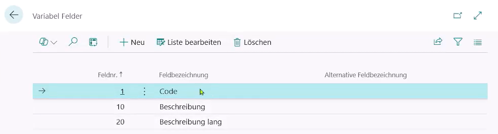 Detailansicht der Variable Felder Karte mit Feldnummern und Feldbezeichnungen zur Definition der Kontexttabellenrelationen