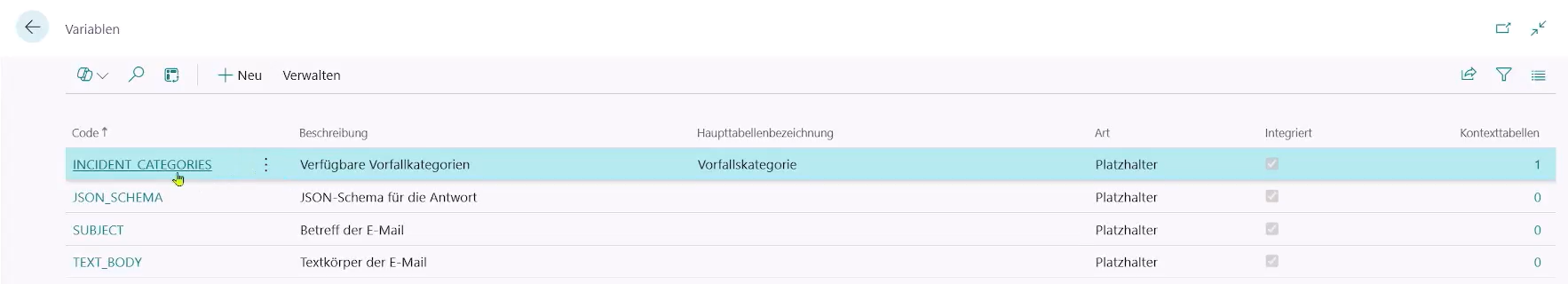 Variablen über die KI-Einrichtung aufgerufen