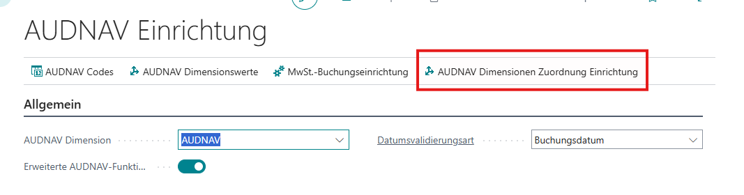 AUDNAV Einrichtung – Aufruf der Dimensionen Zuordnung Einrichtung