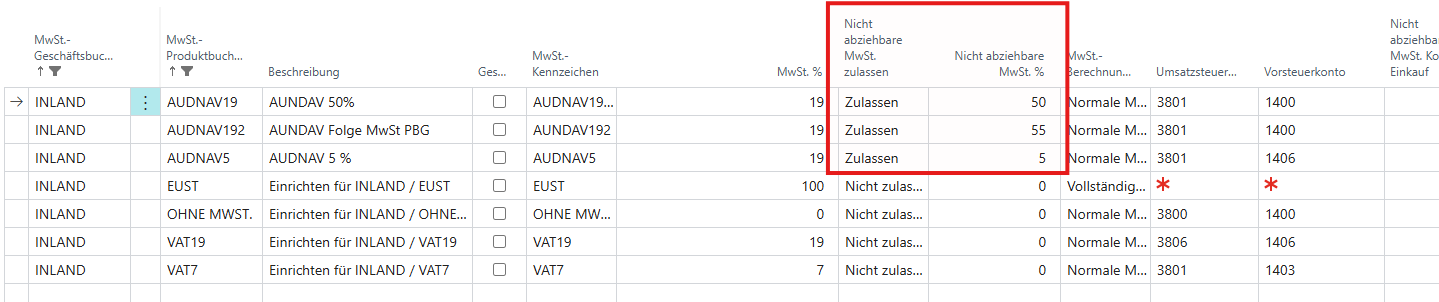 MwSt.-Buchungsmatrix Einrichtung – Übersicht der AUDNAV Dimensionen-Zuordnung