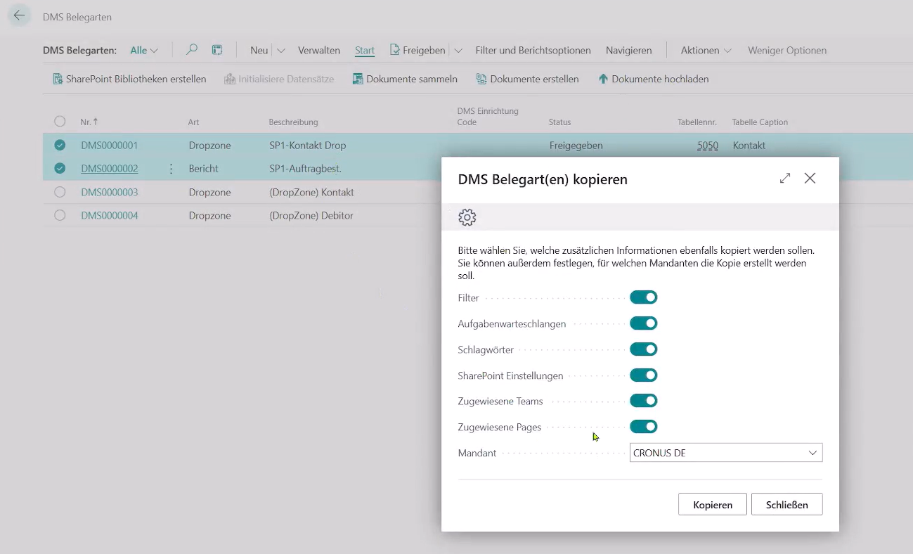 Zeigt den Dialog inkl. Auswahloptionen, um Belegarten zu kopieren.