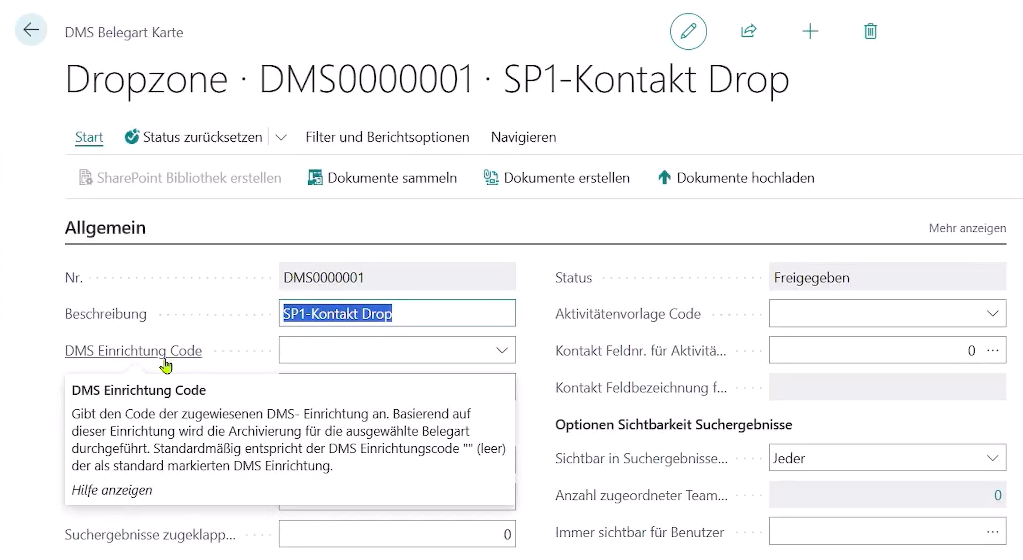 Zeigt den "DMS Einrichtung Code" in den "DMS Belegarten" (Liste)