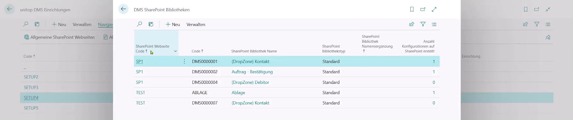 Zeigt die DMS SharePoint Bibliotheken. Sie sehen verschiedene Webseiten-Codes und zugehörige SharePoint Bibliotheken weitere Felder.