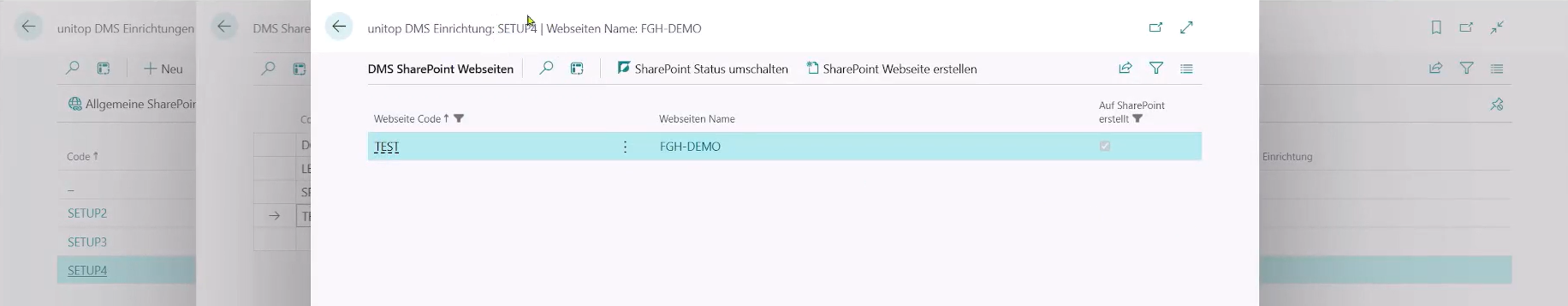 Zeigt eine DMS SharePoint Webseite und der zugeordneten DMS Einrichtung.