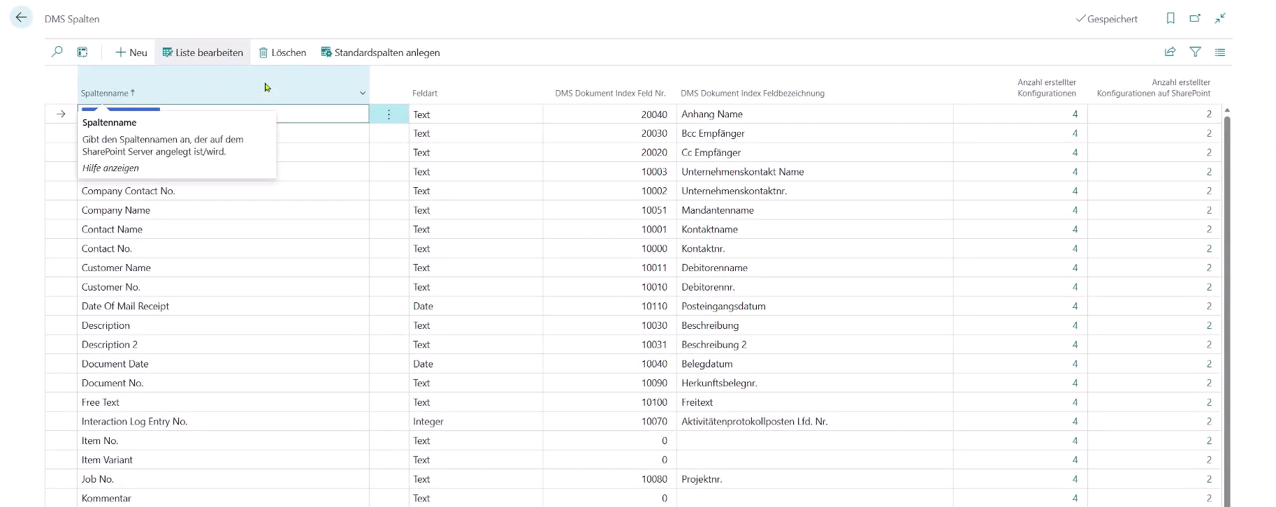 Übersicht der allgemeinen DMS-Spalten