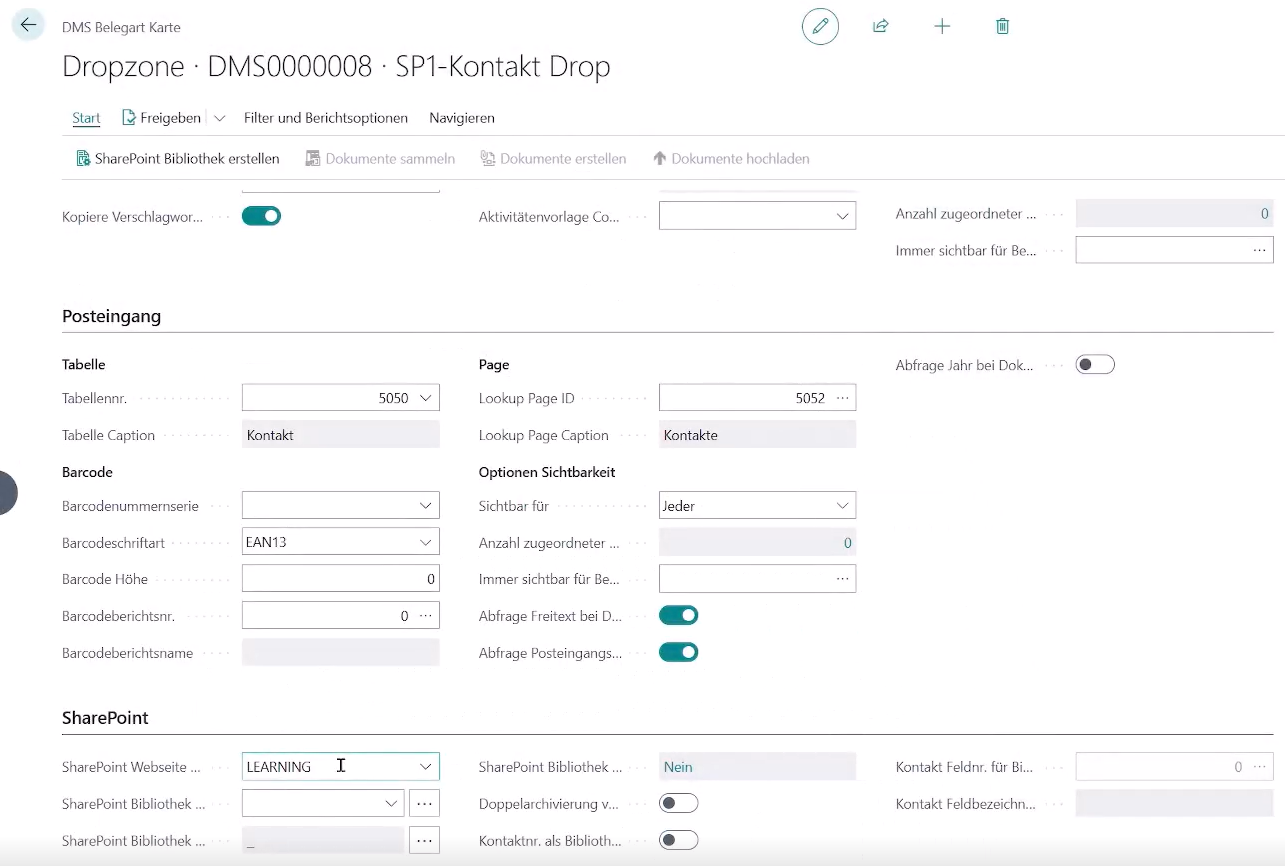 Zeigt das automatisch ausgefüllte Feld "SharePoint Webseite" im Register "SharePoint" auf einer DMS Belegart.
