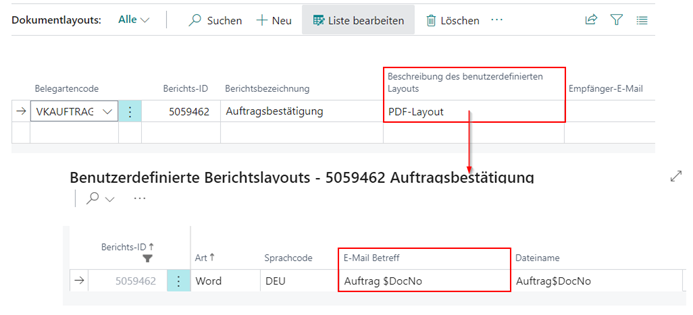 Dokumentenlayouts und Benutzerdefinierte Berichtslayouts: Auftragsbestätigung