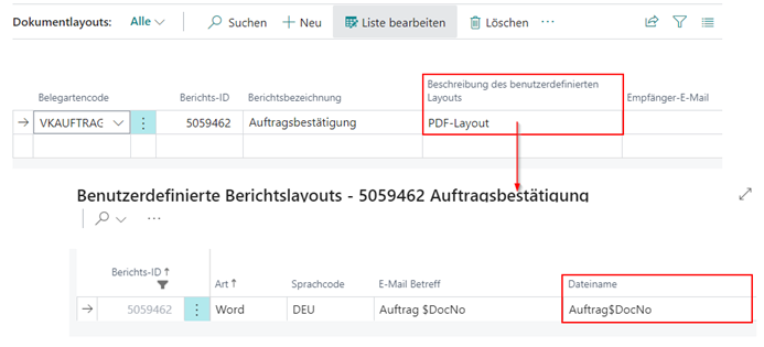 Benutzerdefinierte Berichtslayouts: Auftragsbestätigung, Dateiname