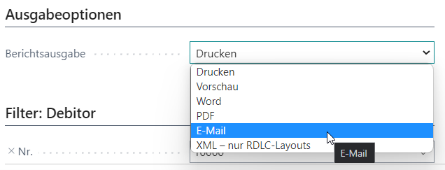 Ausgabeoptionen der Berichtsausgabe: Drucken, Vorschau, Word, PDF, E-Mail, XML (nur RDLC-Layouts)