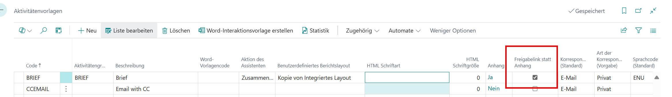 Aktivitätenvorlage mit Feld zur Aktivierung von Freigabelink statt Anhang für den E-Mail-Versand