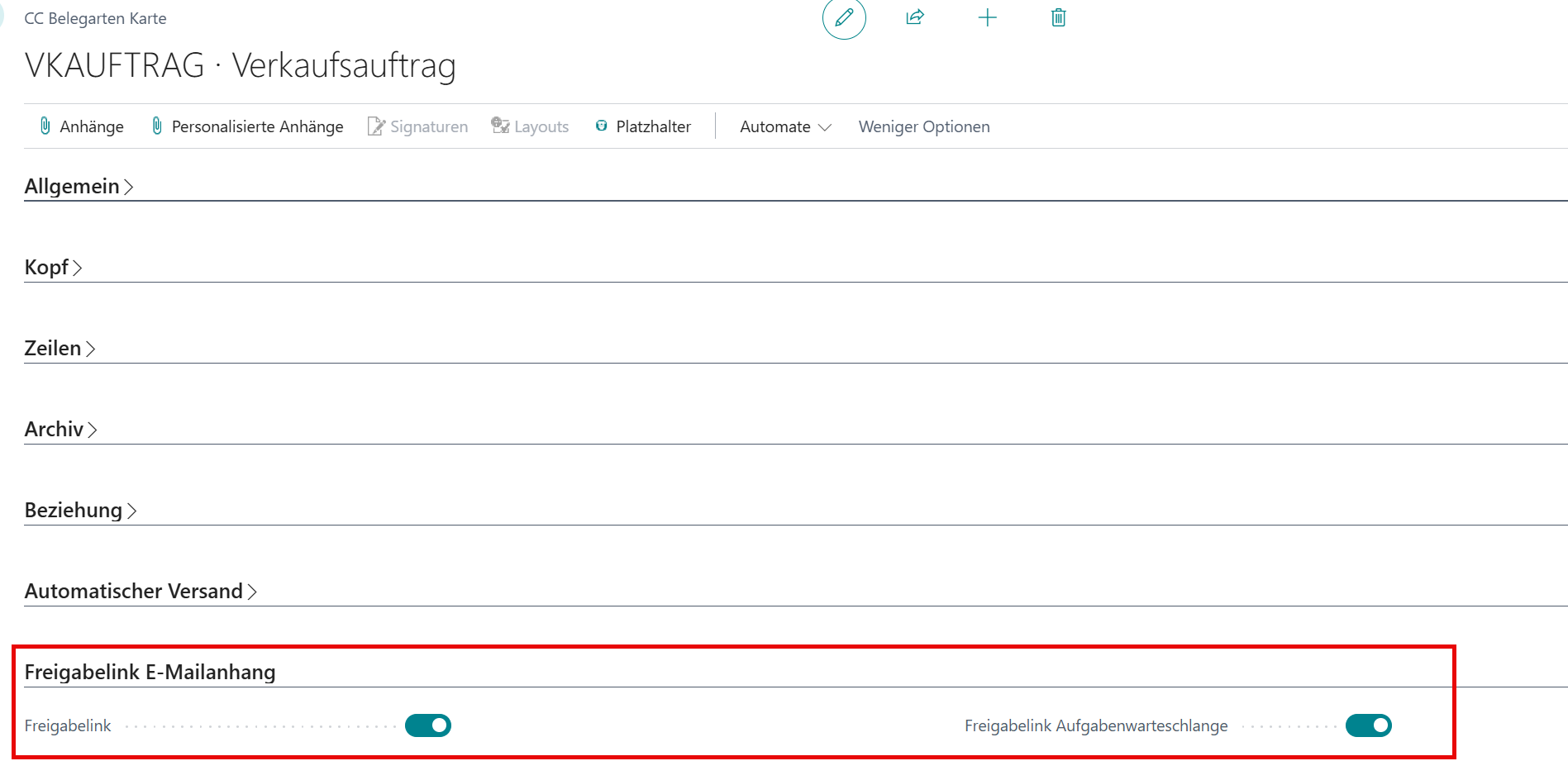Register Freigabelink E-Mailanhang in der CC Belegart mit Aktivierungsmöglichkeit für Freigabelink und Aufgabewarteschlange