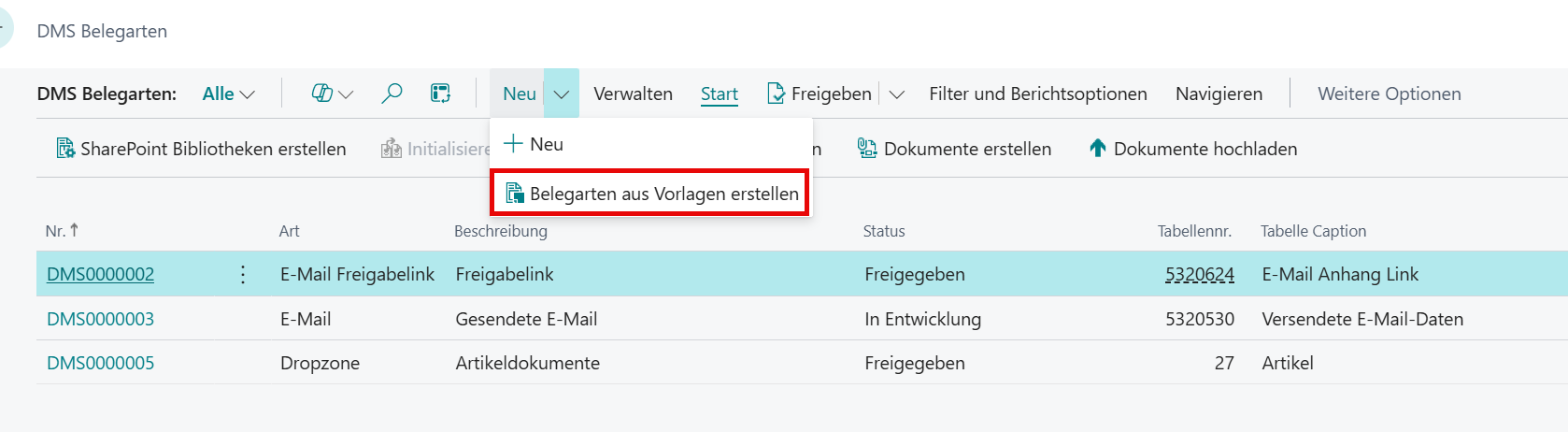 Liste der DMS Belegarten mit Neu-Button und Option zur Erstellung von Belegarten aus Vorlage