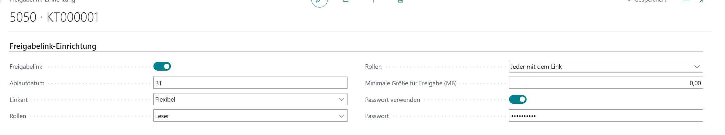 Freigabelink-Einrichtung an Stammdaten mit individuellen Passwort- und Zugriffseinstellungen für Debitoren, Kreditoren oder Kontakte