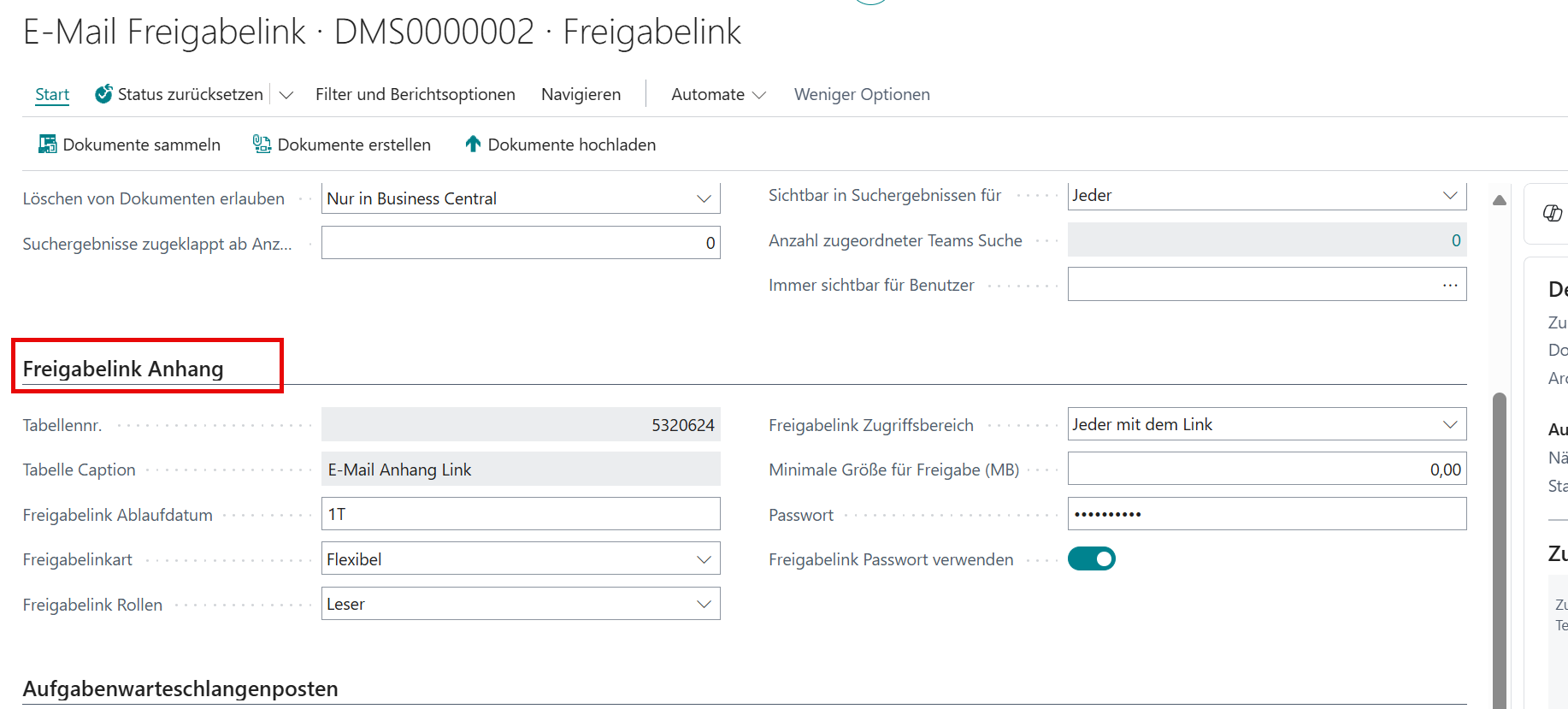 Register Freigabelink Anhang mit konfigurierbaren Feldern für E-Mail-Links, Ablaufdatum und Passwortschutz