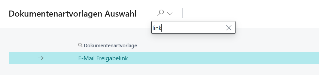 Auswahl der Vorlage E-Mail Freigabelink bei der Erstellung neuer DMS Belegarten