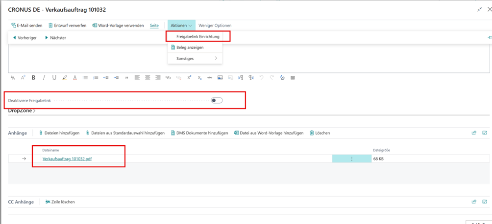 E-Mail-Dialog mit Übersicht der Freigabelink-Funktionen und verfügbaren Anhängen