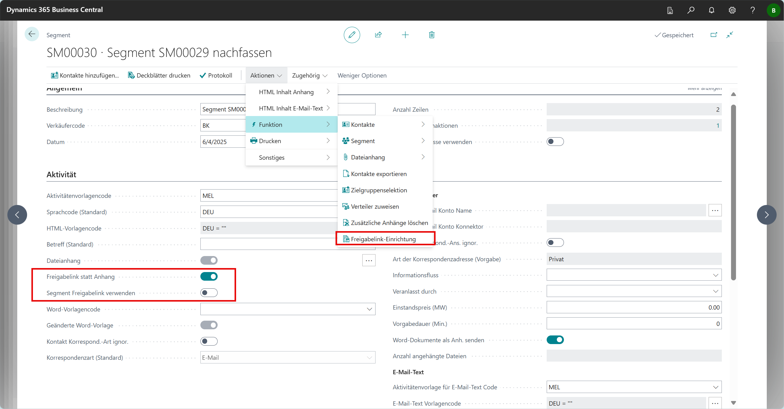 Segmentansicht mit Freigabelink-Konfigurationsoptionen für den Massenversand von E-Mails