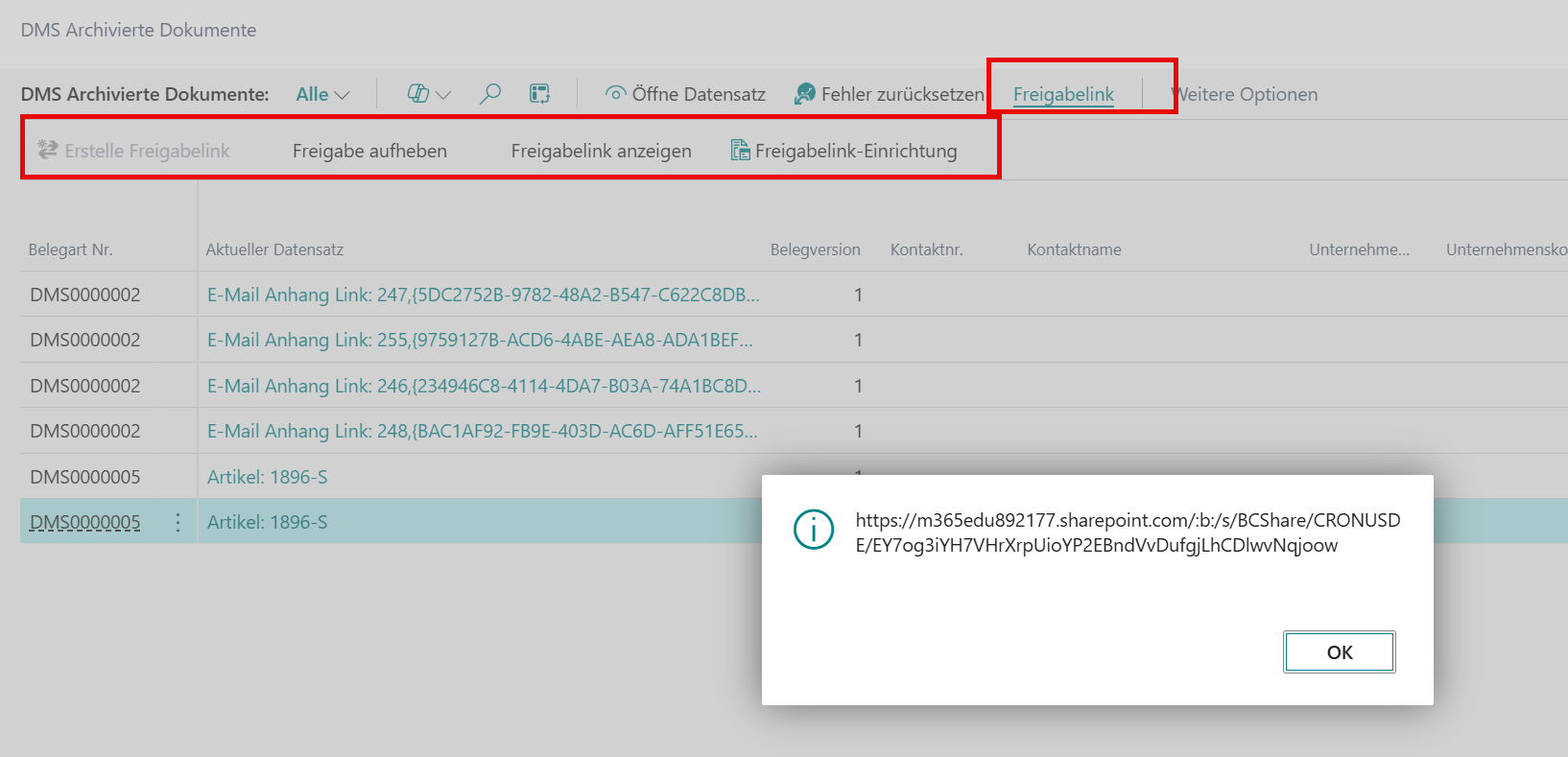 DMS Archivierte Belege mit Freigabelink-Funktionen für manuellen Linkversand über alternative Kanäle