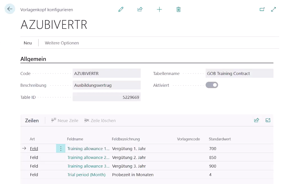 Beispiel eines Vorlagenkopfes für den Ausbildungsvertrag